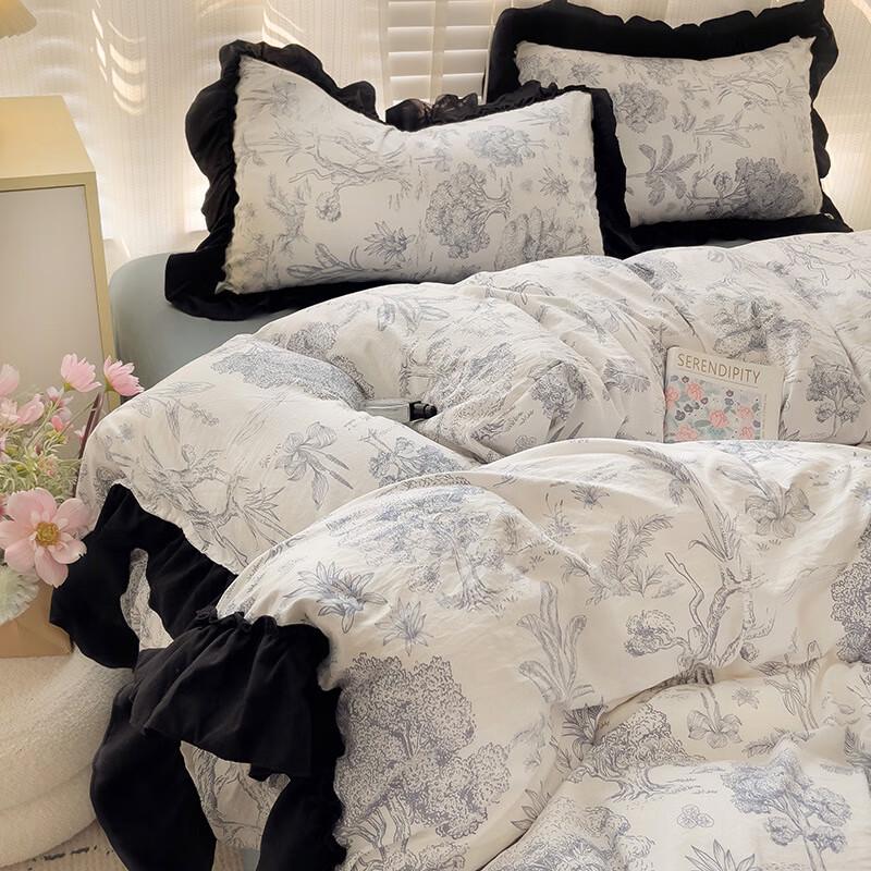 Lilang Hepburn Style Black Lace Washed Cotton 4-Piece Bedding Set