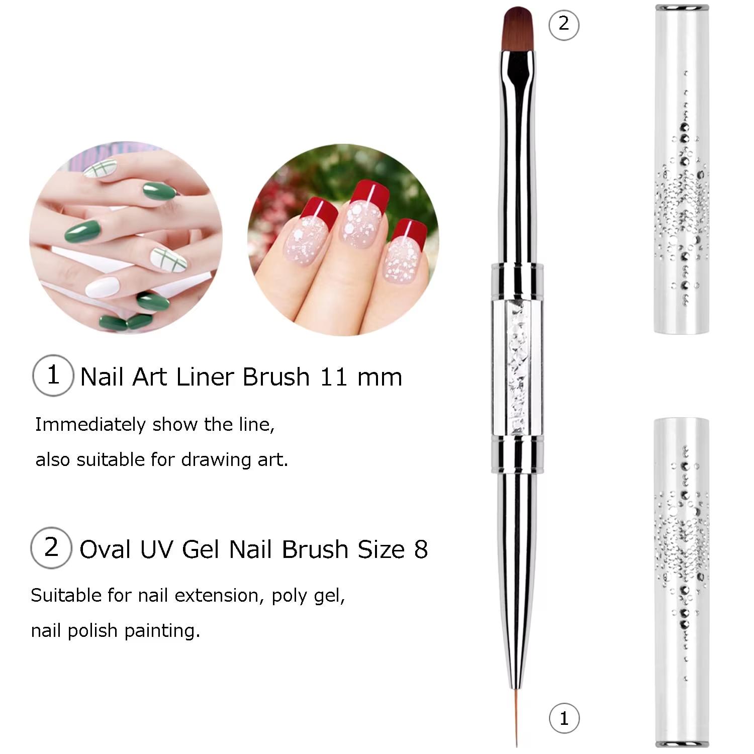 

2Pcs Double Ended Nail Art Brushes Oval Gel Nail Brushes Rhinestone Handle French Tip Nail Gel Liner Brush for Design Nail