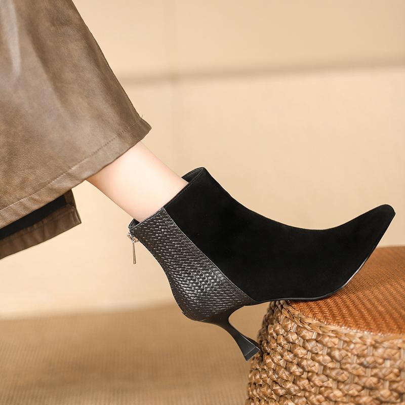 Fashion 2024 Spring and Autumn New Fashionable Outerwear Women's Single Boots with Pointed Back Zipper Splicing Bare Boots for Women