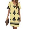 Women's Summer Vintage Print Dress Pleated Short Sleeve V-Neck Pocket Casual Dress