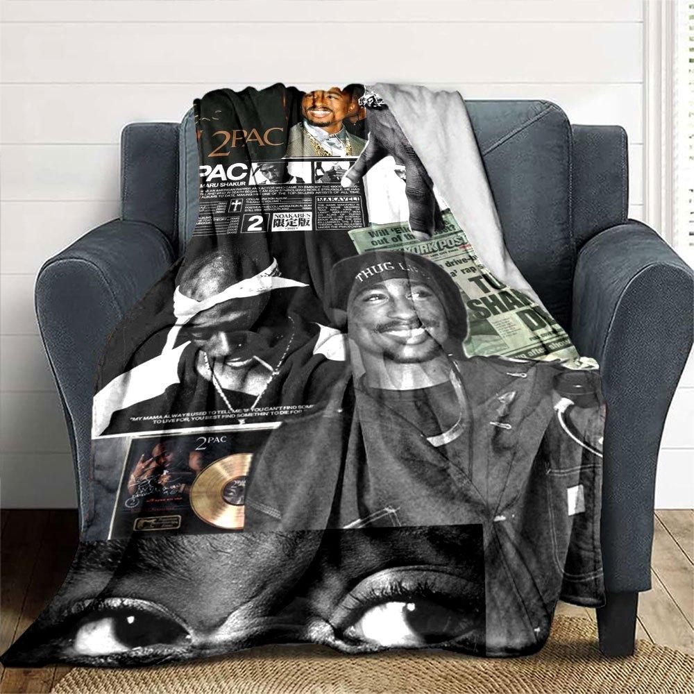 1pc 2PacHip Hop Blanket Soft Lightweight All Season Multi Purpose Throw for Sofa, Bed, Office & Picnics, French Style with Iconic Album Art & Quotes