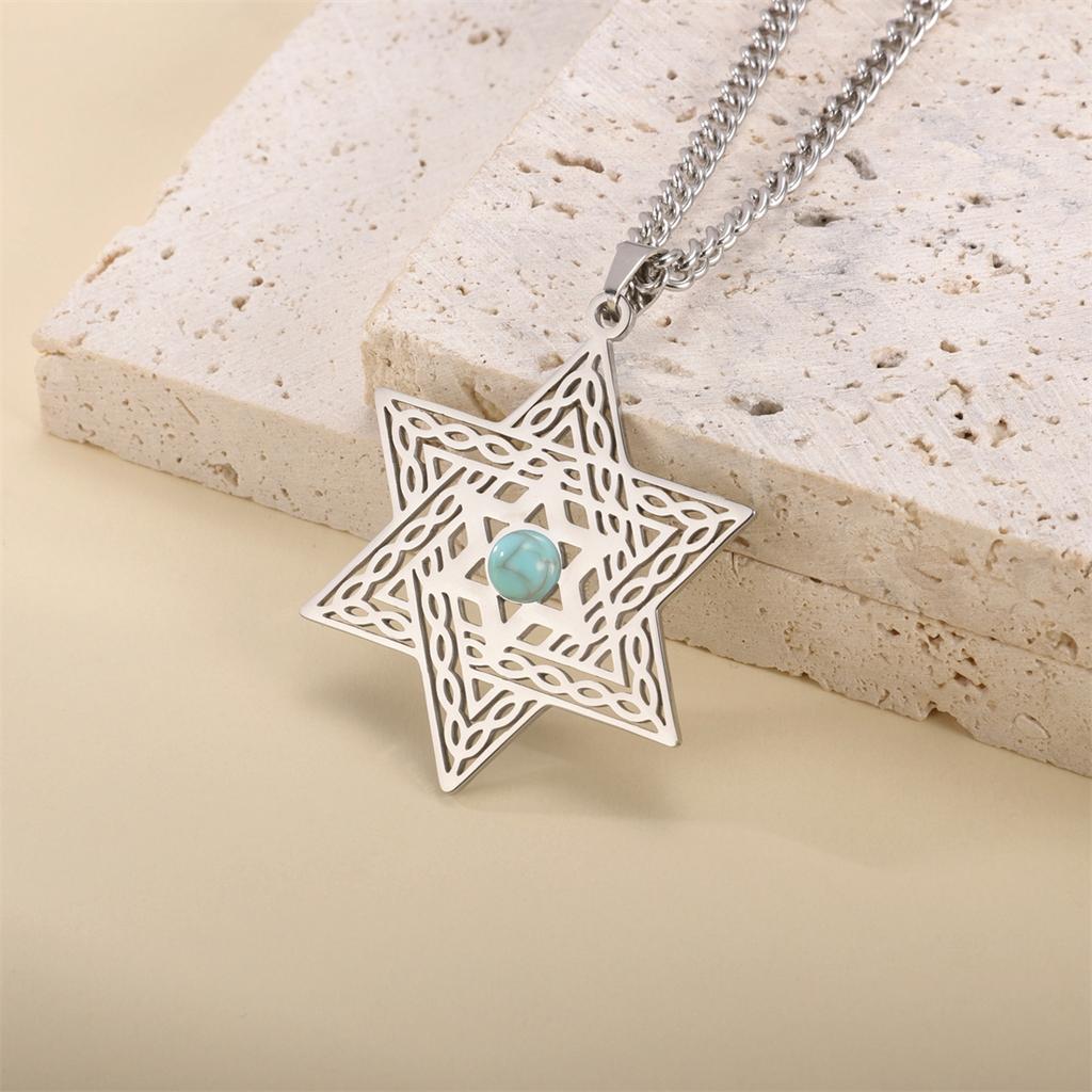  Artificial Gemstones Hexagram Necklace Stainless Steel Retro Star of David Hexagon Pendant Chain Classic Jewish Jewelry
