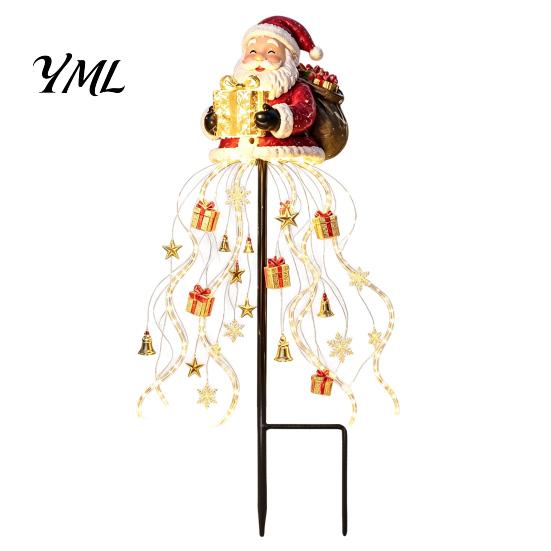 Solar Powered Christmas Decorations Santa Claus Garden Light, LED Holding Gift Box Yard Stake Decorative Pathway Lighting with Cascading String Lights