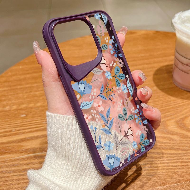 Shockproof Slim Hybrid Acrylic Phone Case for iPhone 15 Pro Max 14 Plus 13 Transparent Colorful Flower Soft Edge Cover
