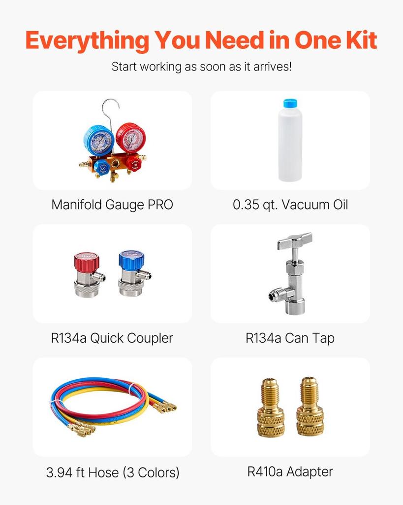3.5 CFM HVAC Single Stage Rotary Vane Vacuum Pump and Manifold Gauge Kit Compatible with R134a, R22, R12, R502, R502, R410A, R404, and R407C