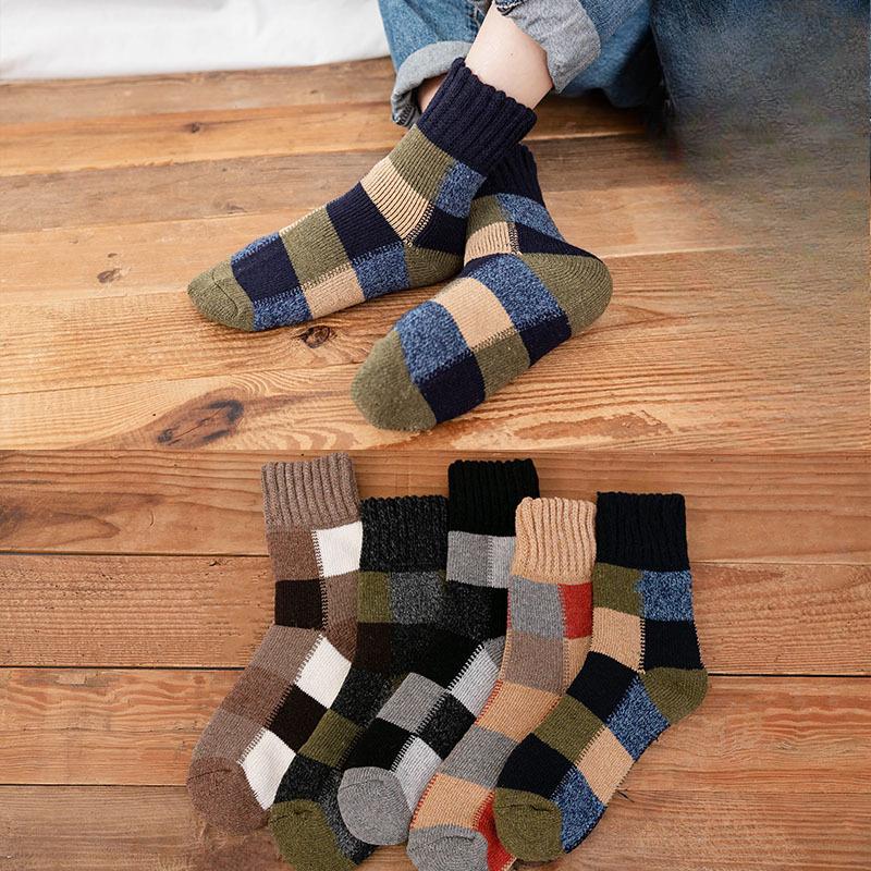 5 Pairs of Men's Winter Plaid and Velvet Thickened Warm Rabbit Wool Mid Tube Socks