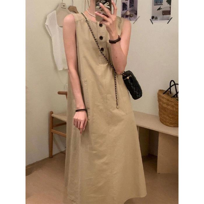 

Wasteland style niche chic sleeveless vest dress women s summer loose and thin solid color versatile skirt 3XL