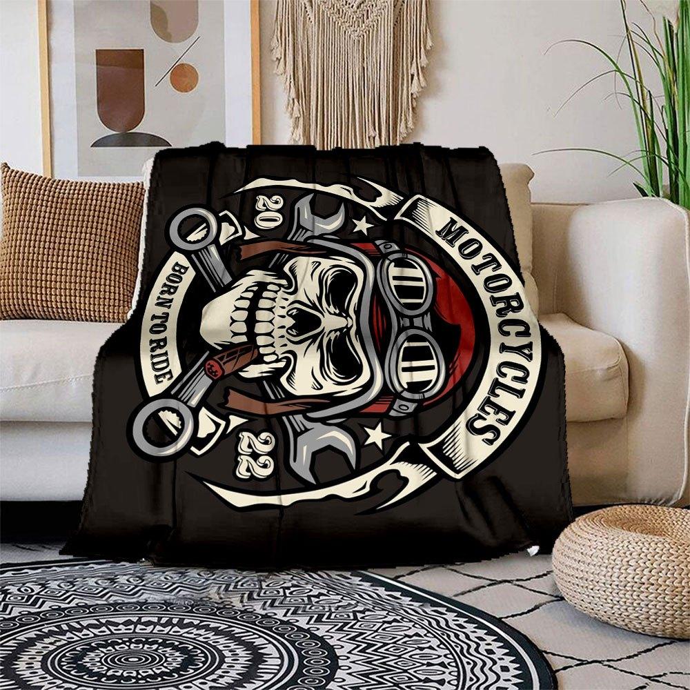 

Motorcycle Skull with Goggles & Tools - Born to Ride Blanket Flannel Throw Blanket for Sofa, Bed, Travel, Camping, Office, Couch, Chair, An 150x180cm