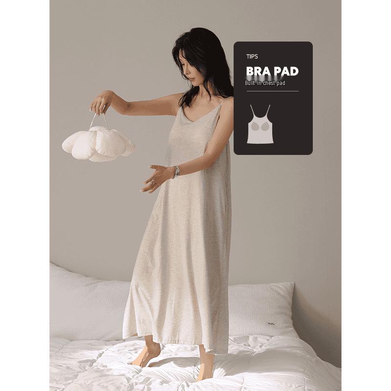 2026 Summer Women's Cartoon Padded Strappy Loose Nightgown Dress Pajamas - Sweet Outdoor Style