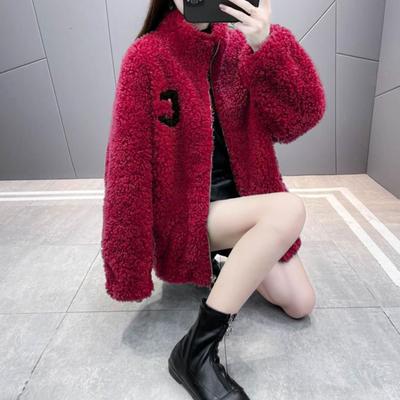 Winter Lady Coat Thickened Double-sided Faux Fleece Solid Color Stand Collar Neck Protection Letter Decor Long Sleeves Keep Warm Outdoor Travel Jacket