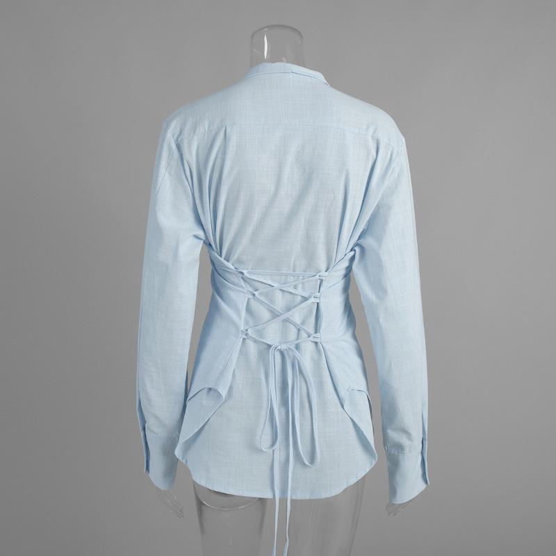 Fashion Cotton Strap Shirt for Women Spring Autumn Bandage Elegant Solid Color Slim Fit Top Commuting Casual Simple Long Sleeve Blouse Sweet Clothing