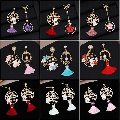 Boucles d'oreilles Chat Goutte Rétro Guochao, Boucles d'oreilles Ventilateur Fleur Asymétrique Design Antique