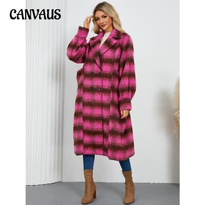 Damski Casualowy Temperament Plus Size Płaszcz Wełniany w Kratę Długi z Długim Rękawem Zimowy Dwurzędowy z Dużym Kołnierzem