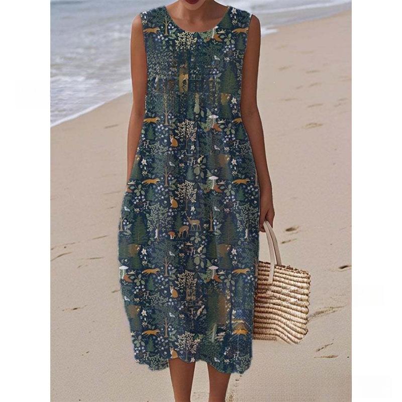 European and American New Summer Flower Ocean Printing European Size Round Neck Sleeveless Long Dress Creative Loose Dress