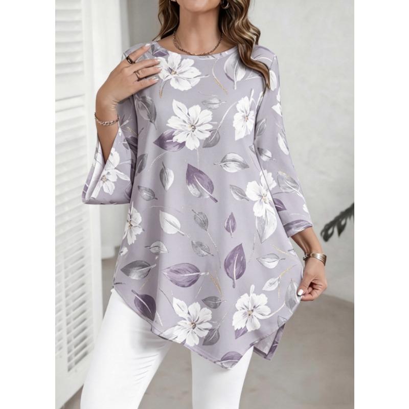 Plus Size Women Round Neck Split Flare 3/4 Sleeve Tunic Top, Light Green All Over Leaf Print Irregular Asymmetrical Hem Loose Blouse