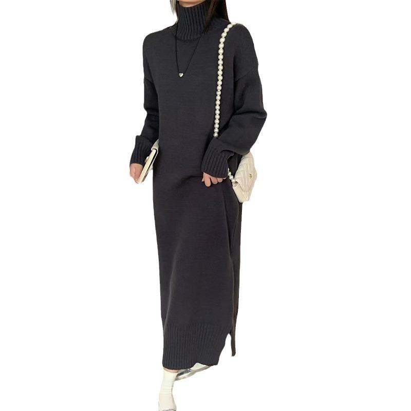 turtleneck sweater skirt autumn and winter new lazy temperament solid color loose large size bottoming knitted dress