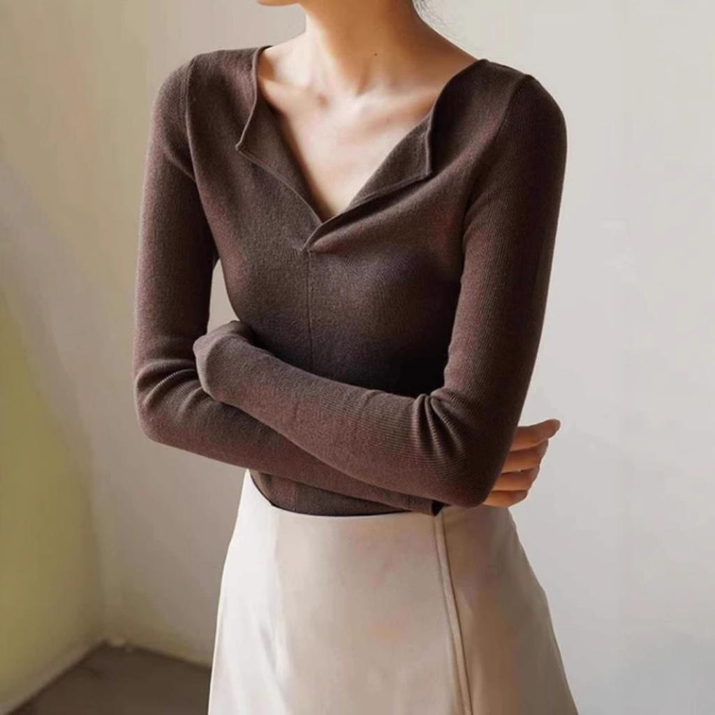 Früher Herbst Französischer Stil Grauer V-Ausschnitt Strickpullover Damen Premium Slim Fit Basisschicht Mode Oberteil