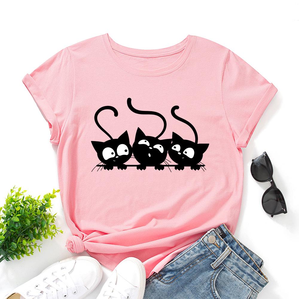 Cotton T-Shirt Short Sleeve Round Neck Women 2d Print Tops