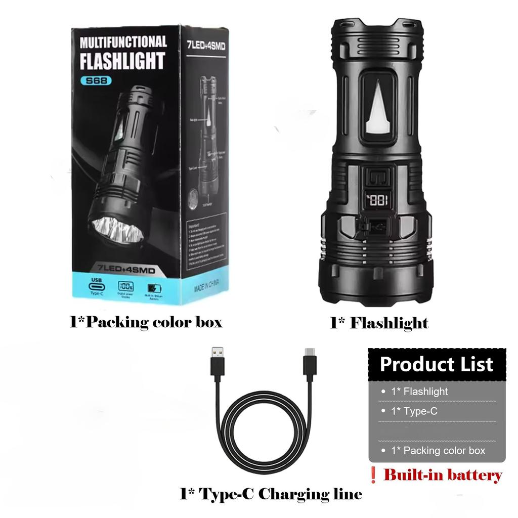 7 LED High-power LED Strong Light Flashlight 18650 USB C Rechargeable with Side Light Multifunctional Outdoor Hiking Camping Light