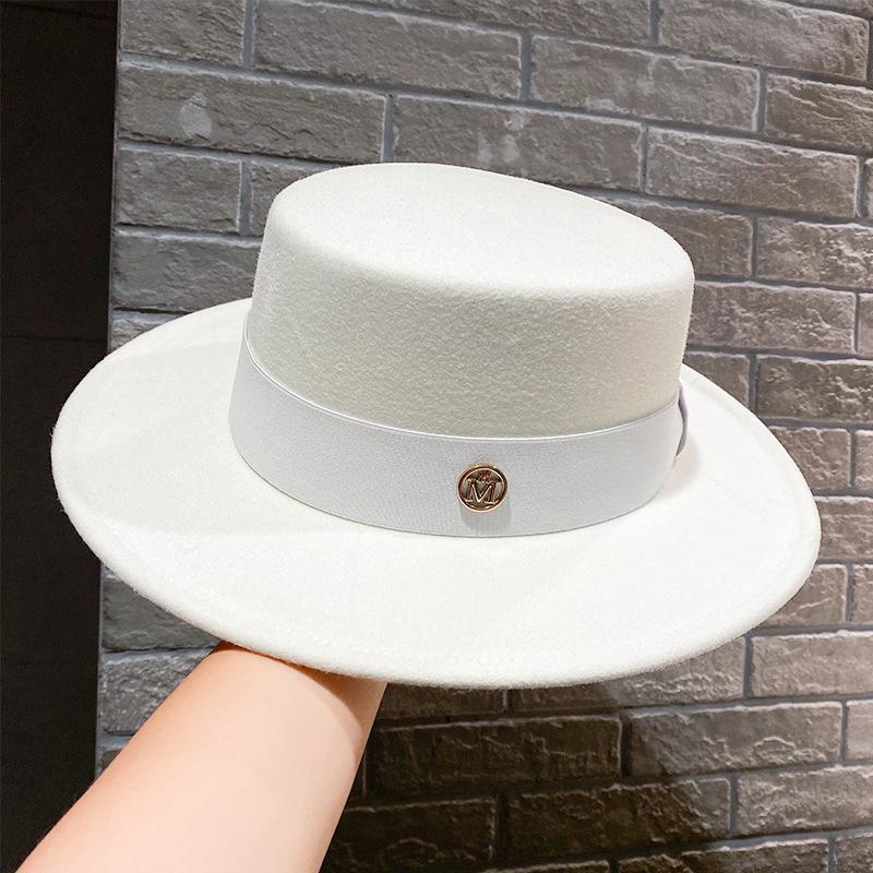 Metal Label Removable Decorative Woolen Flat Top Top Top Hat Spring and Autumn Gentleman Big Brim Sunshade Jazz Hat New