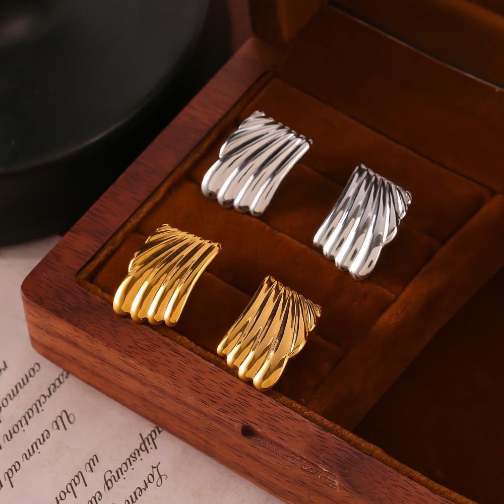 Summer Titanium Steel Striped Square Stud Earrings - European & American Fashion