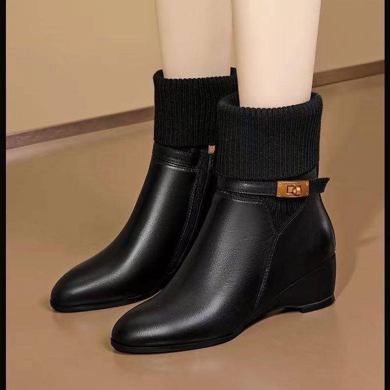 2025 autumn and winter new boots women's soft leather wedge heel short boots women's shoes platform high heel socks tube boots wool women's boots thin