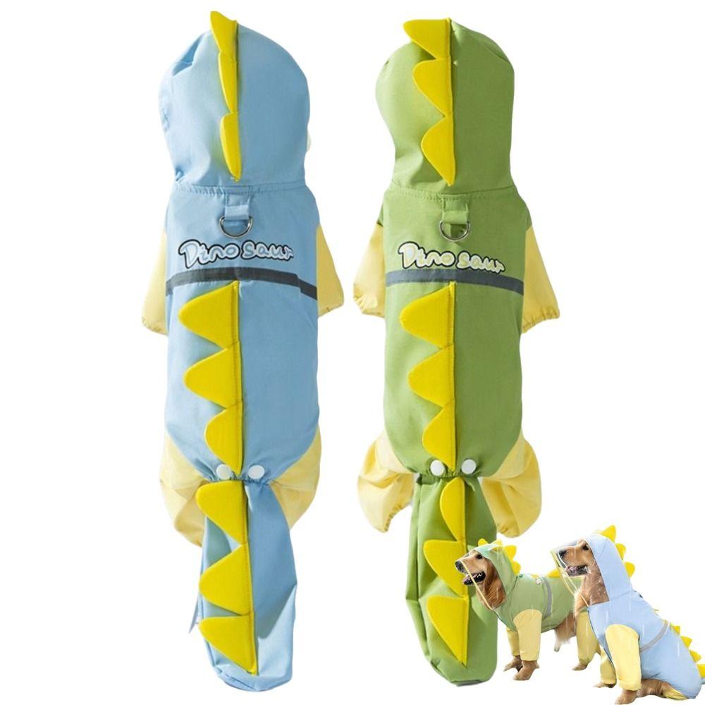 Waterproof Dog Raincoat Dinosaur Design Full Body Protection Pet Rain Poncho Reflective Hoodie Leash-Attachable Rainwear Hood