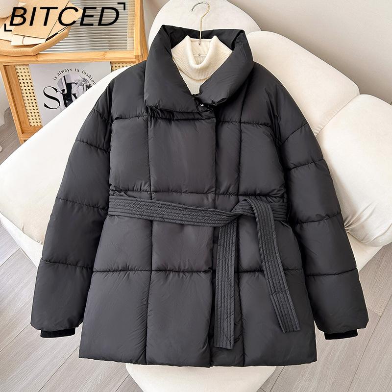 

BITCED Women s Winter Thickened Collared Waist-cinched Cotton Coat Slim-fitting Solid-colour Cotton Jacket M чёрный