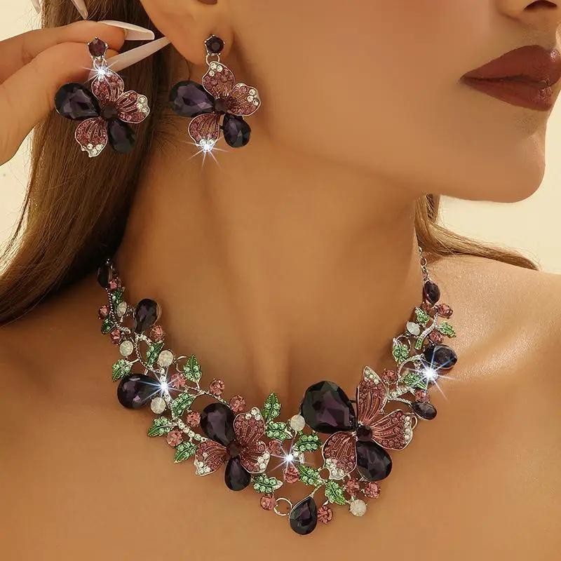 Multicolor Earrings with Matching Necklace Fashion Bauhinia Flowers Crystal Zircon Set Wedding Necklace Women Zircon