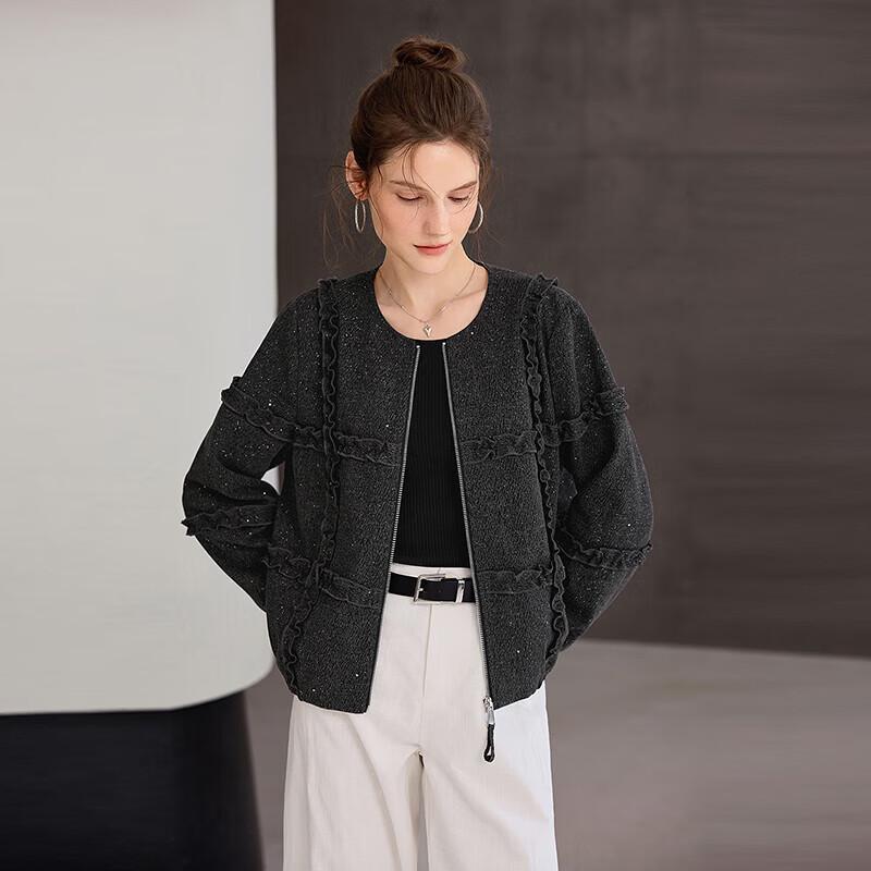 

Women s Ruffled Edge Round Neck Zip Jacket M