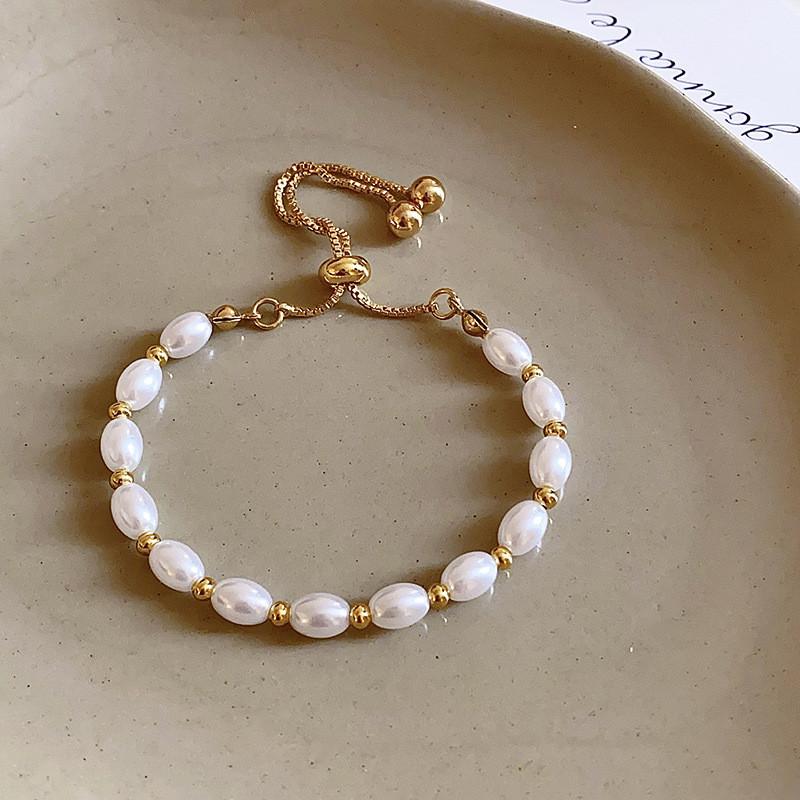 French Vintage Geometric Pearl Bracelet With Gold Plating For Womens Gift