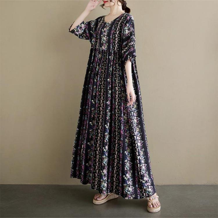 New Vintage Casual Loose Maxi Dress Plus Size Women Summer Short Sleeve Basic Dress