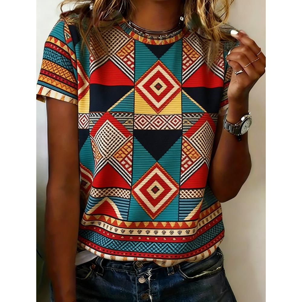 

Fashion splicing pattern scene 3D printing O-neck short sleeved shirt 5XL