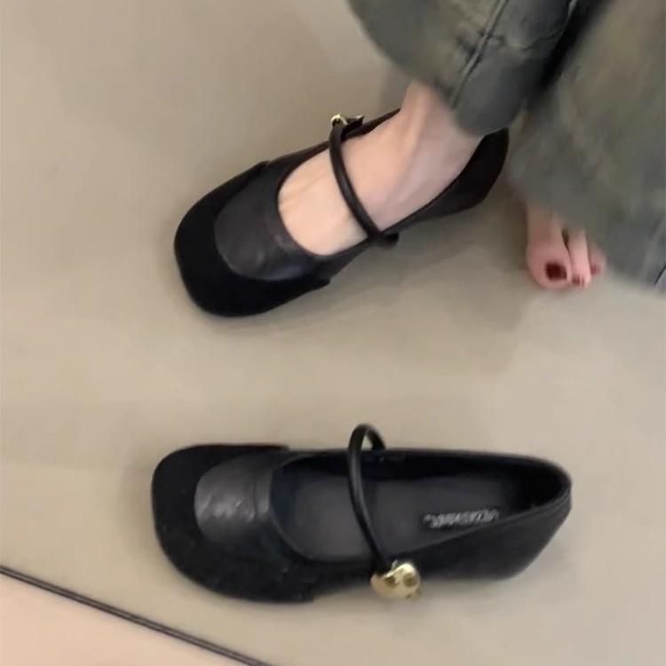 Sheepskin version! French retro splicing Mary Jane shoes women's spring and autumn new one-word with shallow mouth inner height increase single shoes