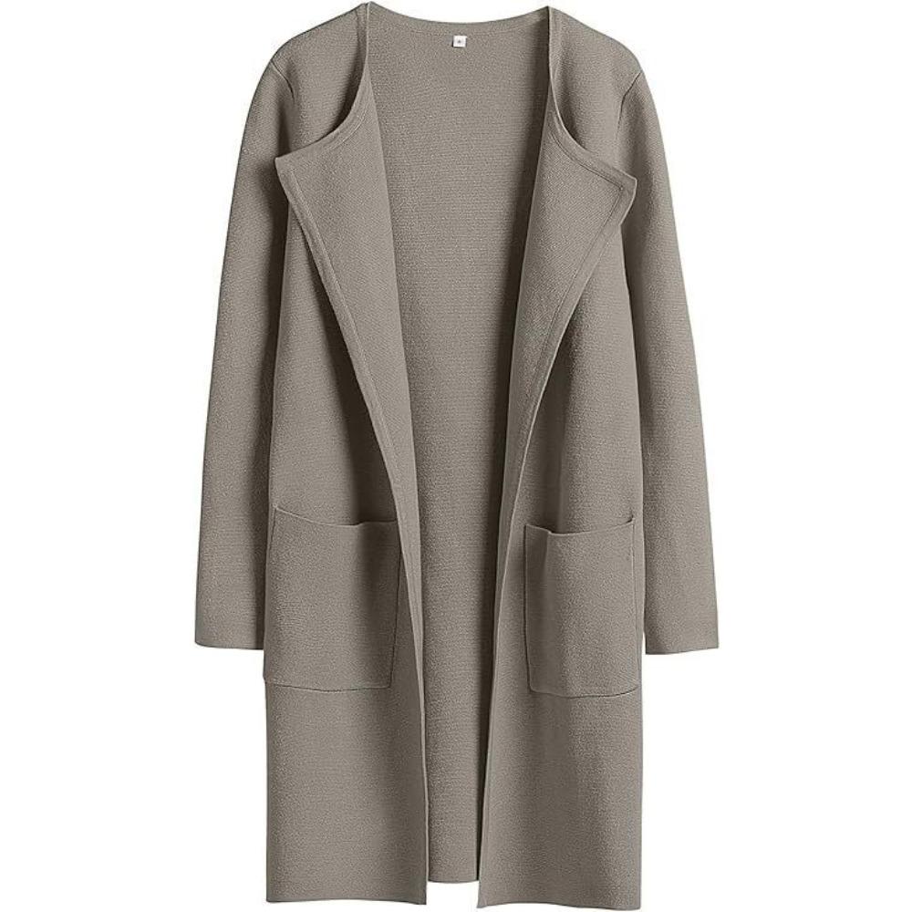 Women's Turn Down Collar Long Sleeve Loose Fit Casual Long Knit Cardigan Solid Color Pocket Sweater Coat