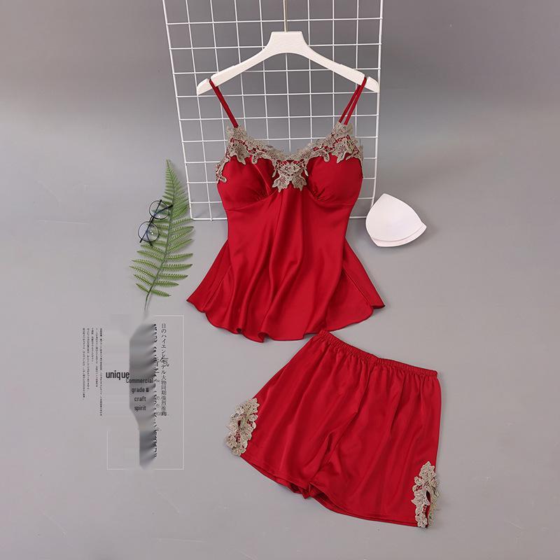 Damski zestaw piżamowy z lodowego jedwabiu i szyfonu 2025: Letnia/Wiosenna Koszulka na Ramiączkach z Wkładkami na Piersi, Cienki Fason, Dwuczęściowy Zestaw do Domu.