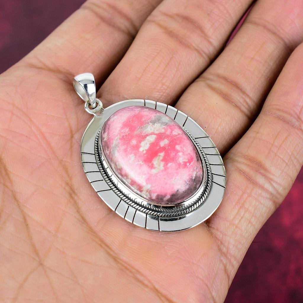 Pink Thulite Gemstone Pendant 925 Sterling Silver Jewelry, Handmade Antique Pendant Jewelry, Gift For Mother