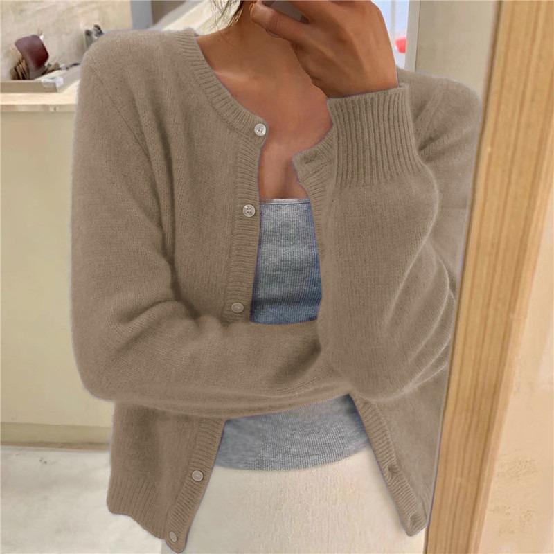 Solid Color Women's Round Neck Knitted Cardigan - Single-Breasted, Long-Sleeved Pullover Sweater Outerwear.