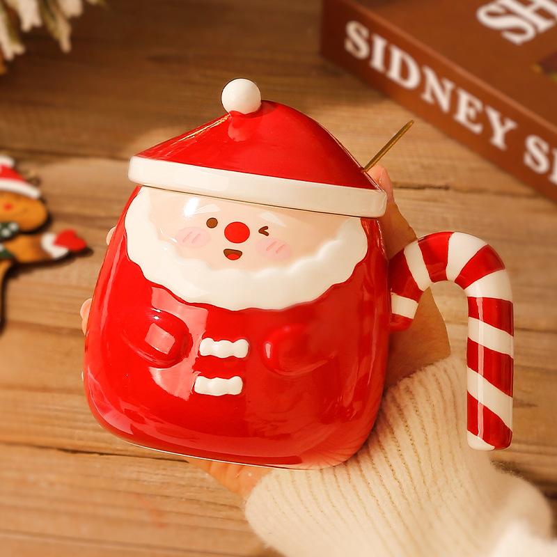 Santa Claus Mug Creative Hand Painted Christmas Ceramic Cup Gift Box Household Coffee Cup with Lid Spoon