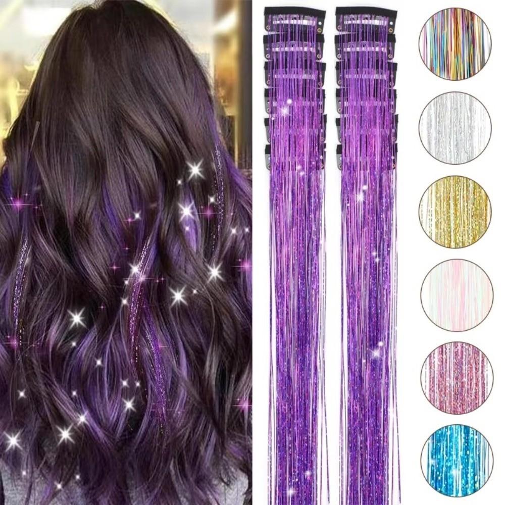 Fashion Highlights Clip Clip in Hair Extensions Colored Shiny Hair Tinsel Long Straight Synthetic Hair Accessories Girls