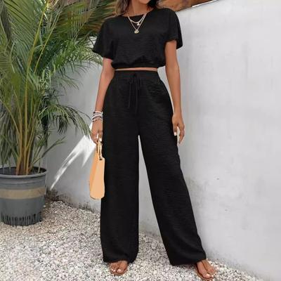 2Pcs/Set Tops Pants Set O-Neck Short Sleeve Elastic Hem Tops Casual