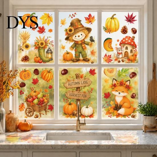 Fall Decorations for Windows 6 Sheets Autumn Harvest Window Stickers, Thanksgiving Cartoon Static Cling with Art Pumpkins Maple Leaves Scarecrows Home