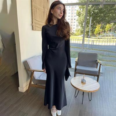 Fashion Slim Maxi Dress for Women Long Sleeve High Waist Elegant Solid Party Dress Casual Luxury Ladies Dress
