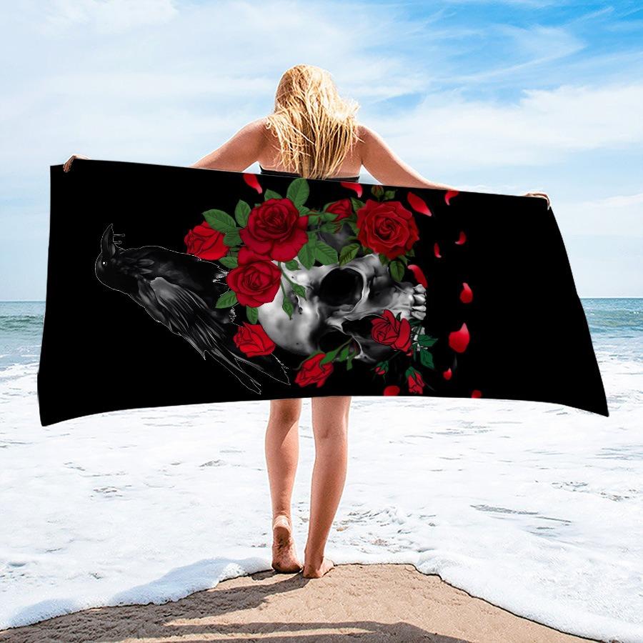 Gothic Skull Red Rose Beach Towel Dark Punk Vintage Floral Skeleton Art Full Print Soft Absorbent Quick Dry Beach Blanket