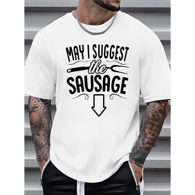 

European sizes Recommended Sausage Print Men s Casual T-Shirt, Summer Men s Crew Neck Short Sleeve T-Shirt 4XL білий