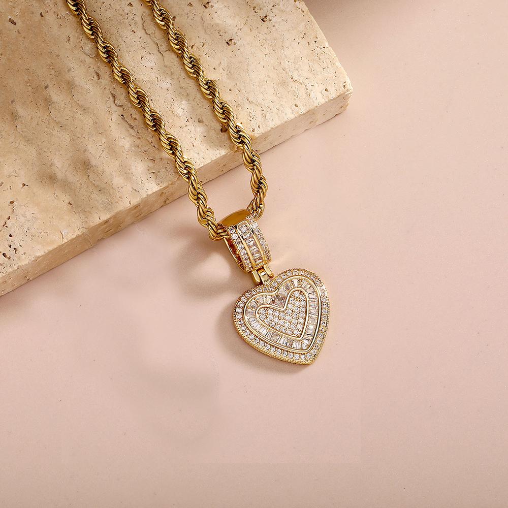Gold Color Iced Out Heart Pendant Necklace For Men AAA+ Cubic Zirconia Stainless Steel Rope Chain hip-hop women's Accessories
