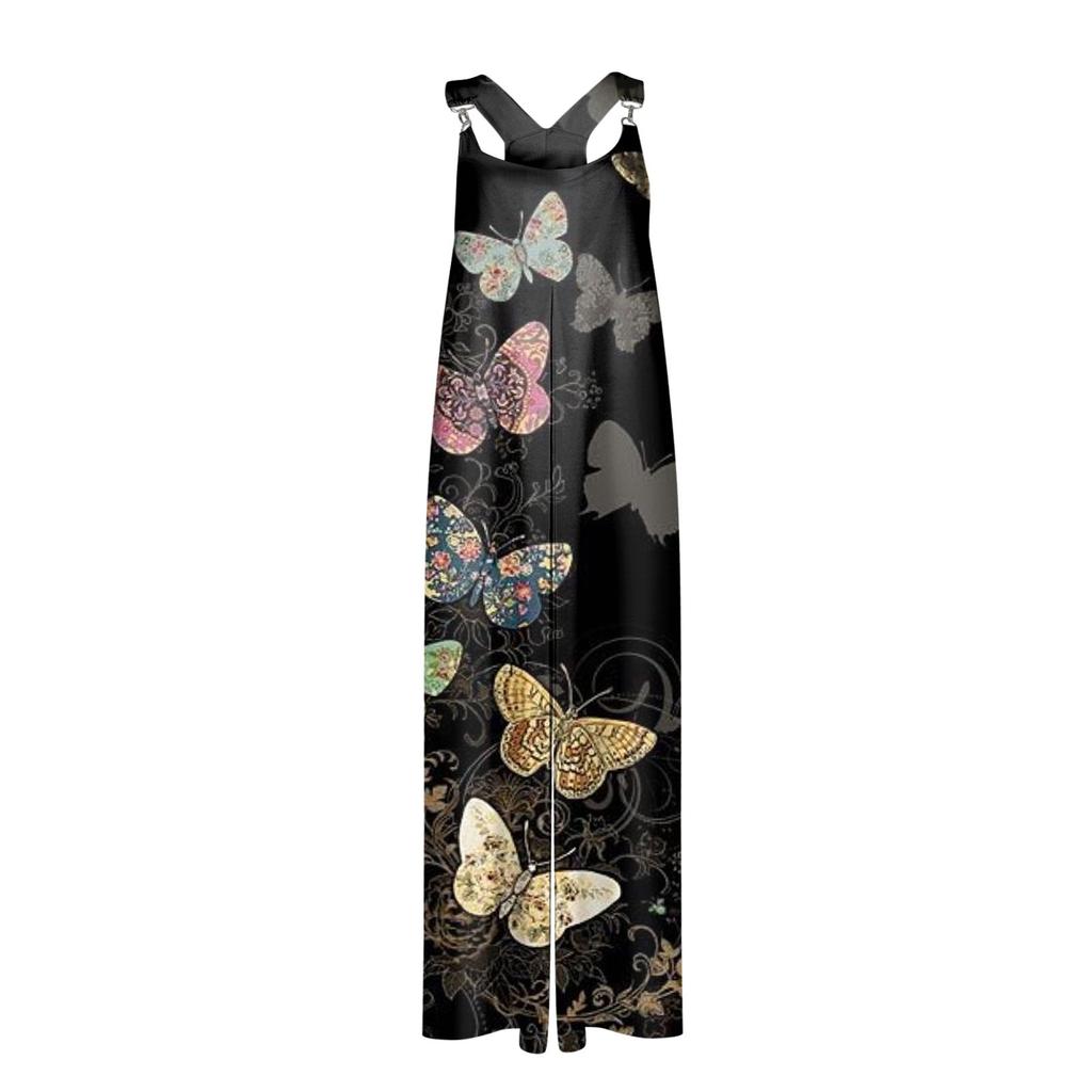 Wide Leg Overalls For Women Casual Loose Sleeveless Jumpsuits Retro Print Metal Button Long Pant Romper Jumpsuit With Pockets