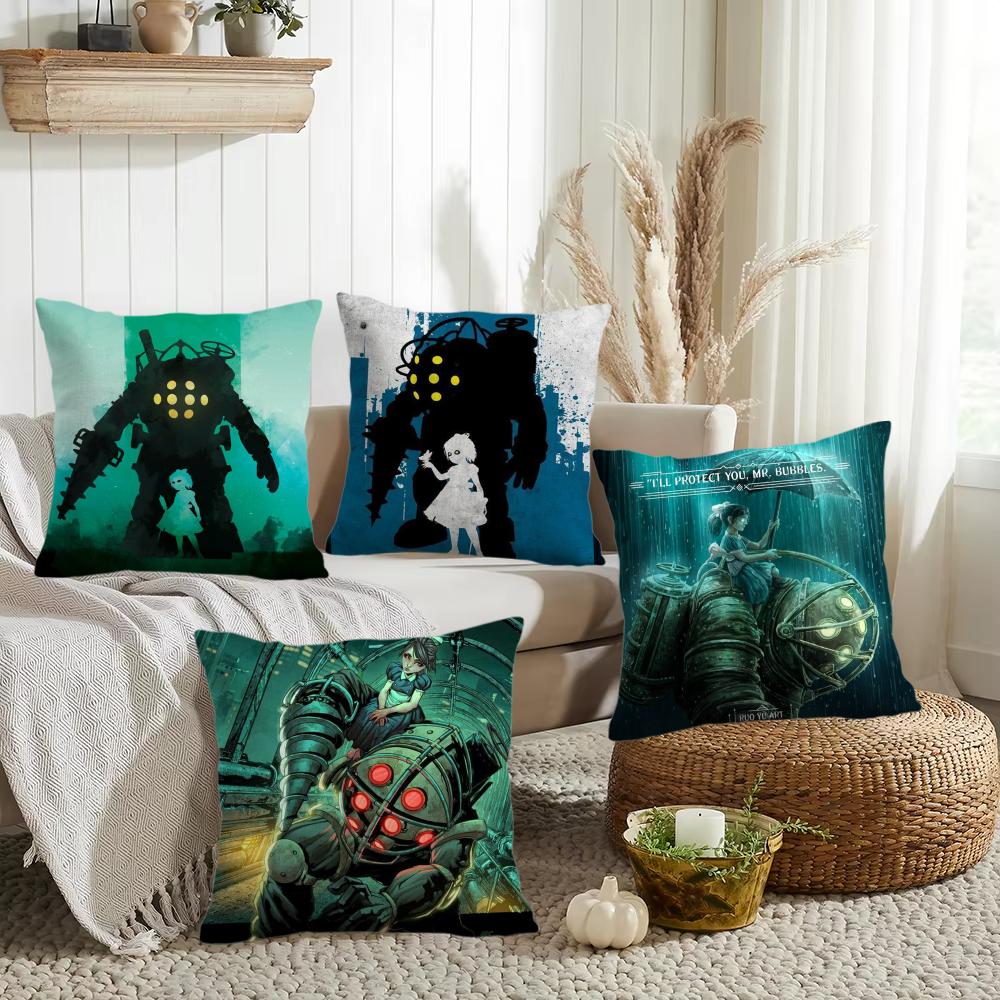 Fanart BBioshock RRapture Cushion Cover Silky Short Plush Invisible Zipper Dustproof Sofa Pillow Case for Home Decor