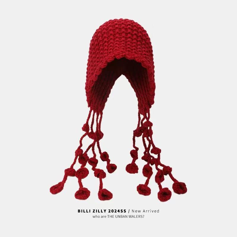 

Шикарная красная вязаная шапка с защитой ушей для женщин - осенне-зимняя шапка-бини в корейском стиле для путешествий по Синьцзяну One Size