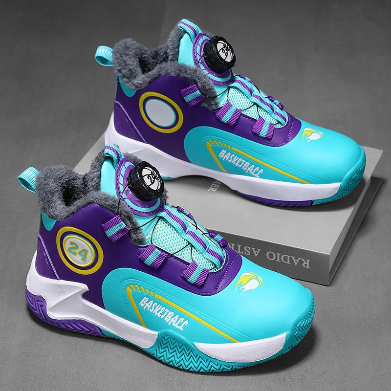 Autumn/Winter Warm Boys' Leather Rotating Buckle Basketball Shoes with Velvet, Children's Sports Professional Basketball Shoes